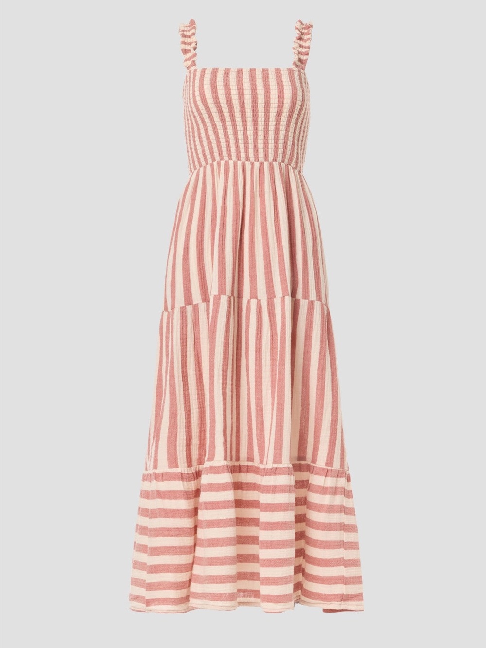 Marine Layer Selene Smocked Dress Pink and Cream Striped Ruch-Strap Maxi